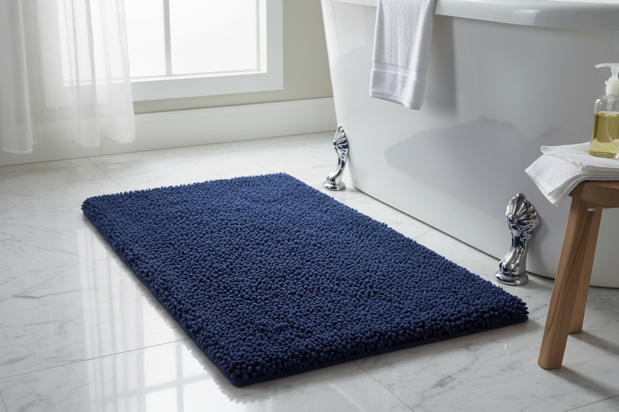 Microfiber Bathmat | Bath Rug | Ishran in navy blue placed near a bathtub on a marble floor.