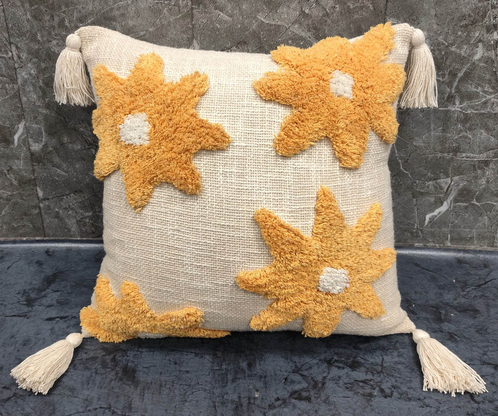 Stylish feather cushion with floral tufted design, soft slub cotton cushion for modern interiors