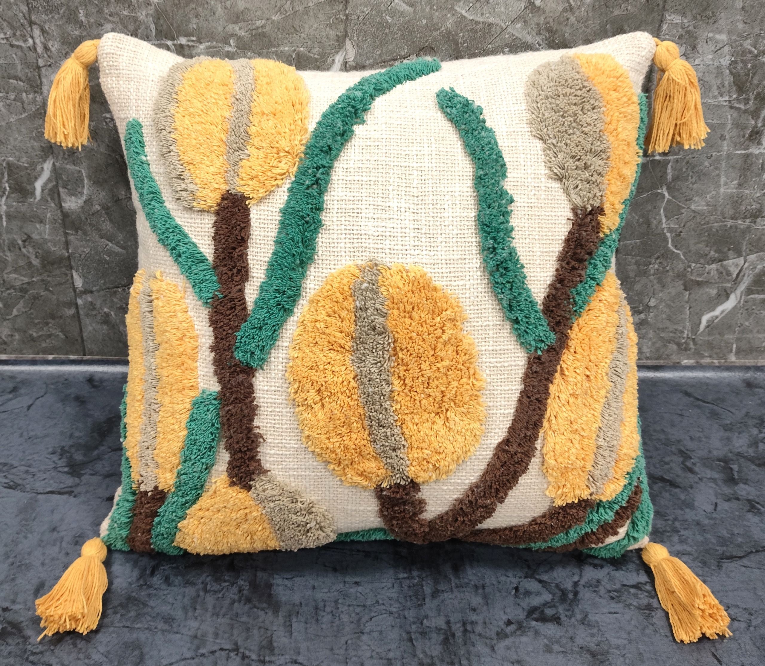 Stylish couch pillow with flower tufted design, soft slub cotton cushion for modern home décor
