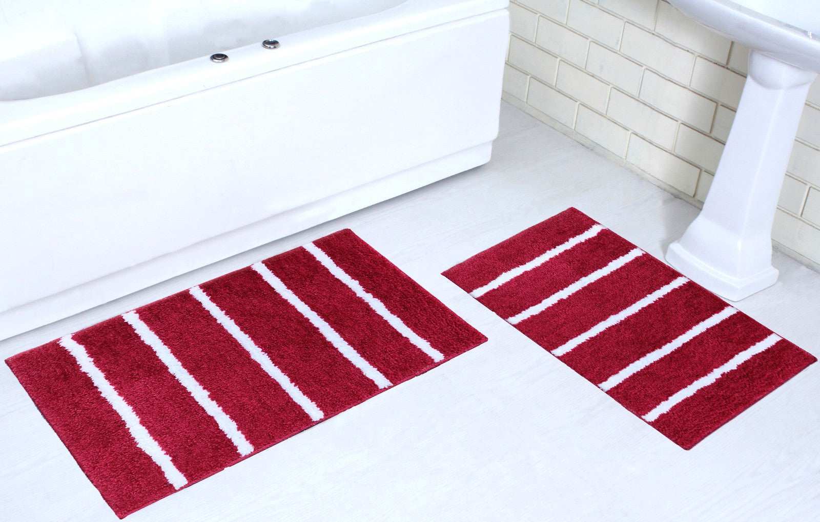 Best Rug | Microfiber Stripe Bathmat 2 Pcs Set in red, ideal for stylish and comfortable bathroom living.