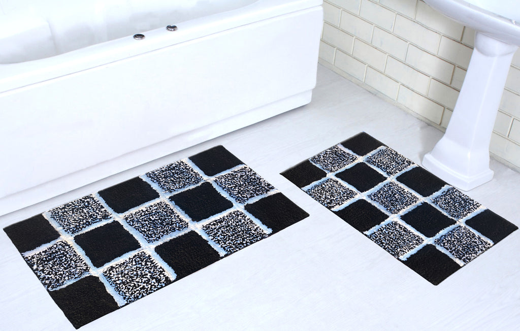 Microfiber tufted bath mat set with box design, featuring a modern black and white pattern, perfect for bathroom decor.