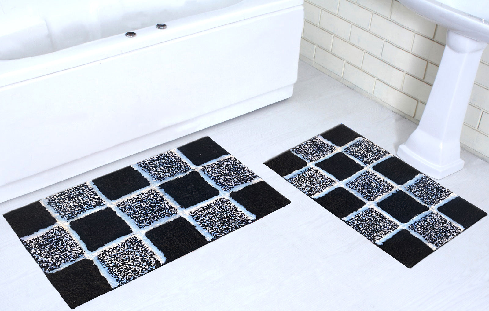 Microfiber tufted bath mat set with box design, featuring a modern black and white pattern, perfect for bathroom decor.