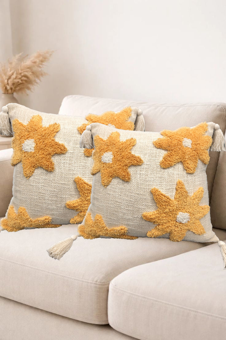 Flower Tufted Pillow Cases 2 Pcs Set 18x18 Slub Cotton Cushion Design