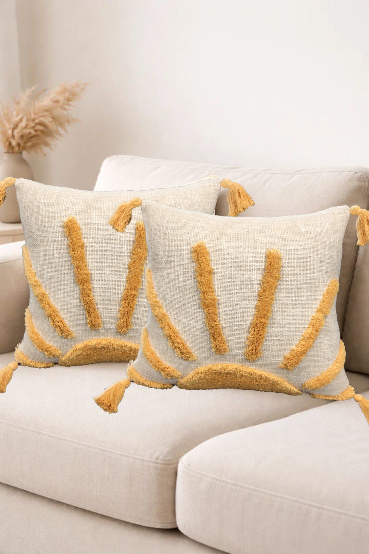 Sun Tufted Cotton Cushion for Sofa 2 Pcs Set 18x18 Slub Fabric Design