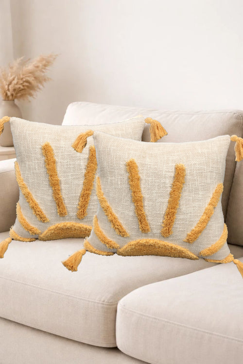 Sun Tufted Cotton Cushion for Sofa 2 Pcs Set 18x18 Slub Fabric Design