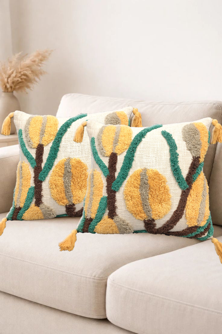 Flower tufted couch pillow set in slub cotton, 2 pcs multi color decorative square pillow for sofa décor