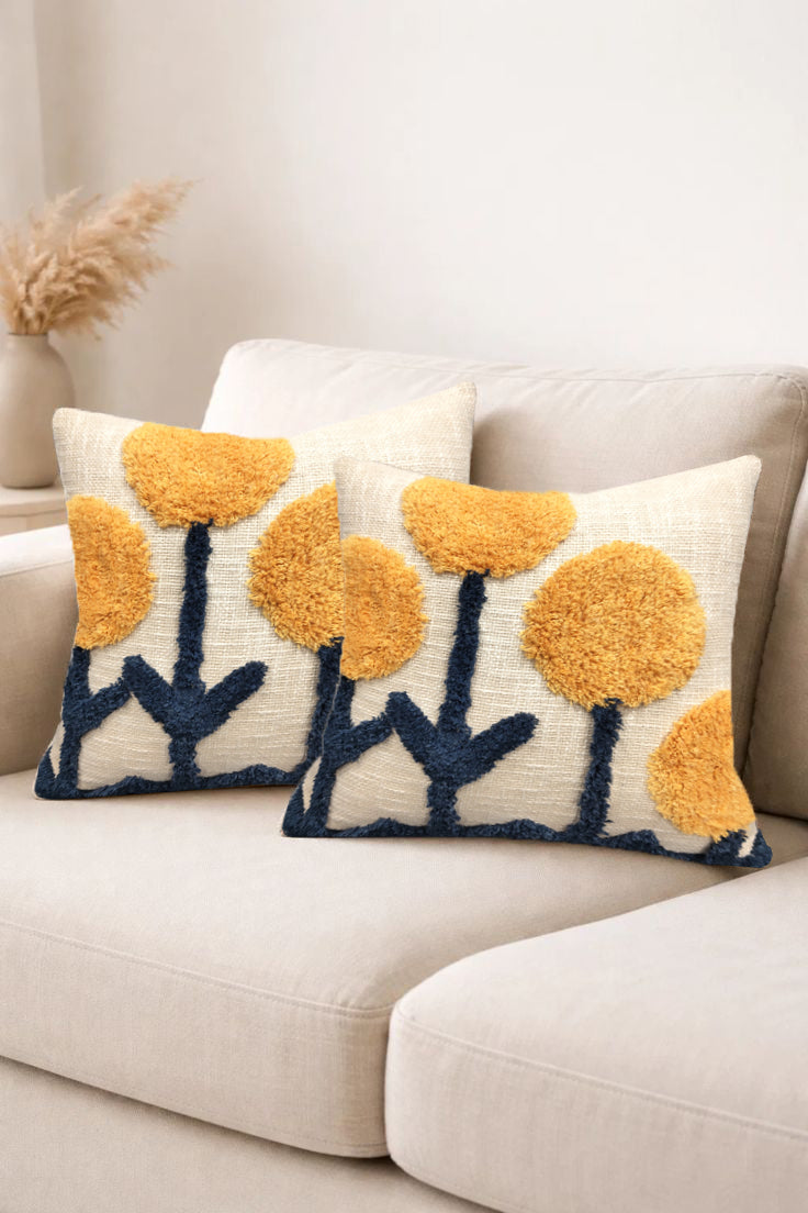 Flower tufted pillow covers set in slub cotton, multi color decorative custom pillow for sofa décor
