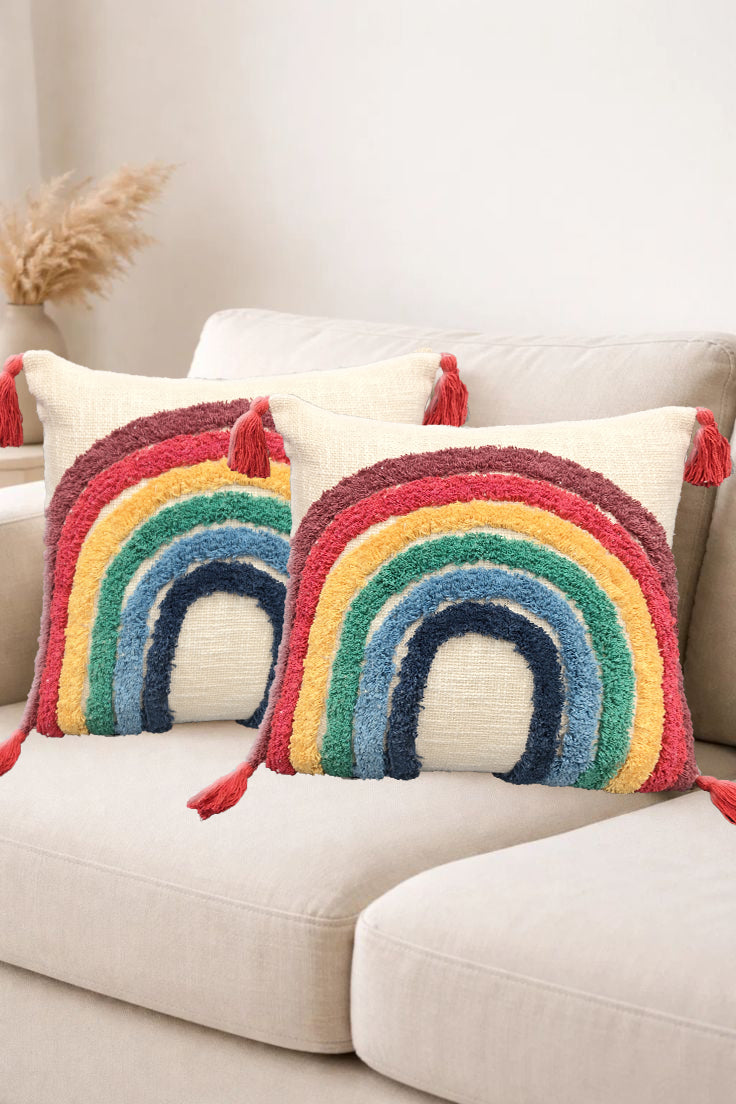 Rainbow Pillow Tufted Cotton 2 Pcs Set 18x18 Slub Fabric Design