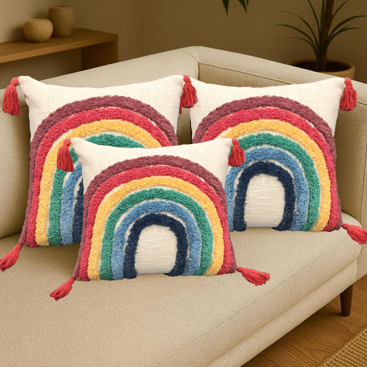 Rainbow Cushion Tufted Cotton 3 Pcs Set 18x18 Slub Fabric Design
