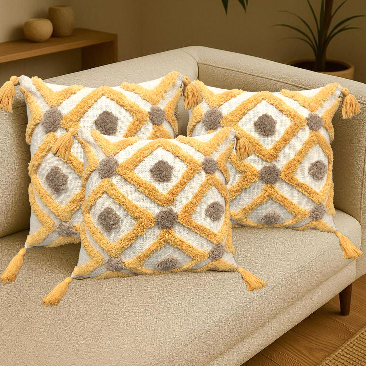 Tufted Slub Cotton Custom Cushion 3 Pcs Set 18x18 Decorative Design