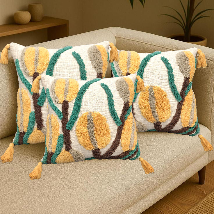 Flower tufted square pillow set in slub cotton, 3 pcs multi color decorative square pillow for sofa décor