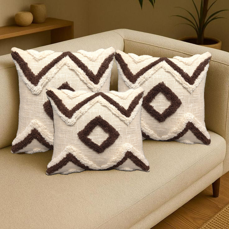 Tufted Cotton Pillow 3 Pcs Set 18x18 Slub Fabric Decorative Design
