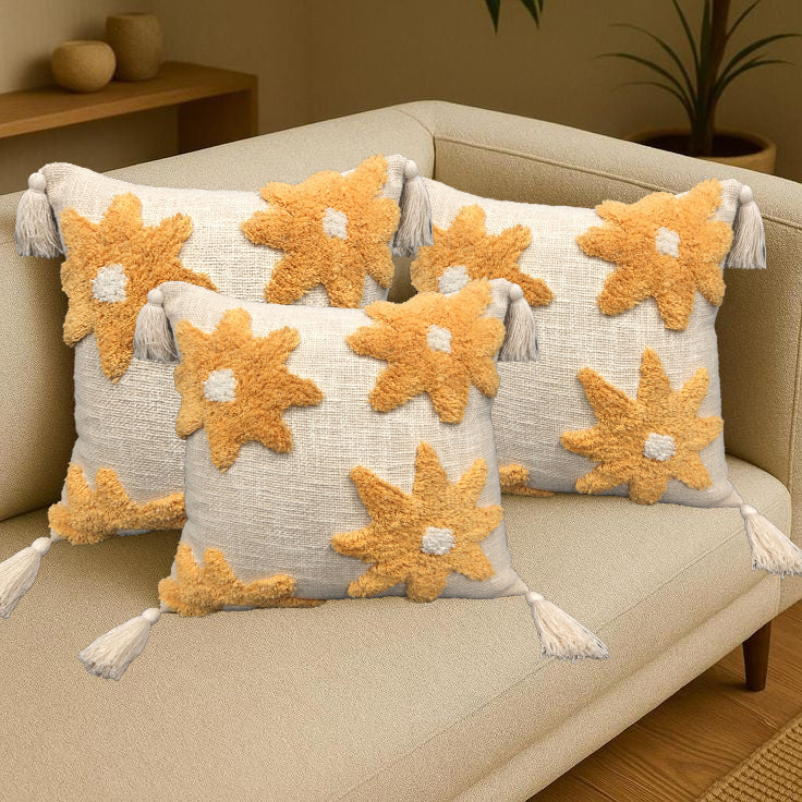 Flower tufted feather cushion set in slub cotton, 3 pcs decorative feather cushion for sofa and home décor