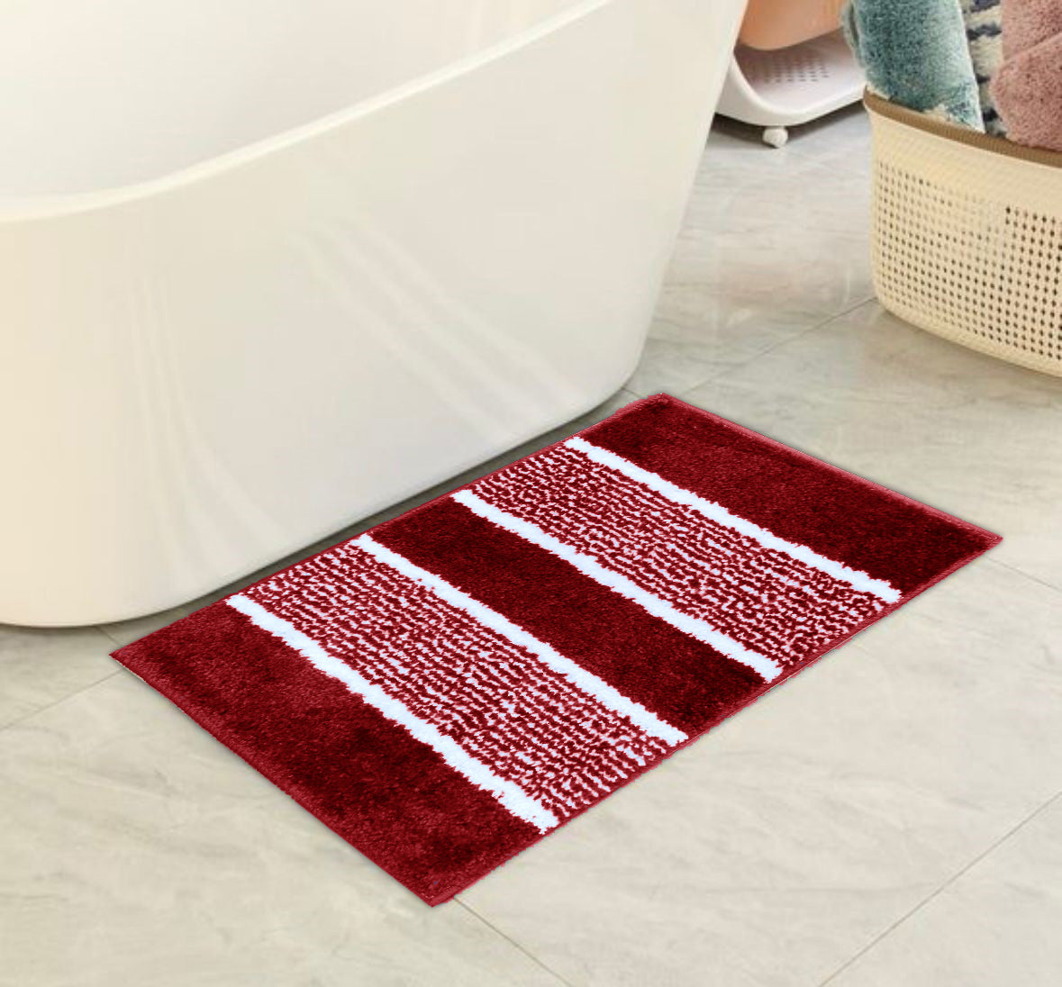Rug bathmat placed in bathroom with natural lighting