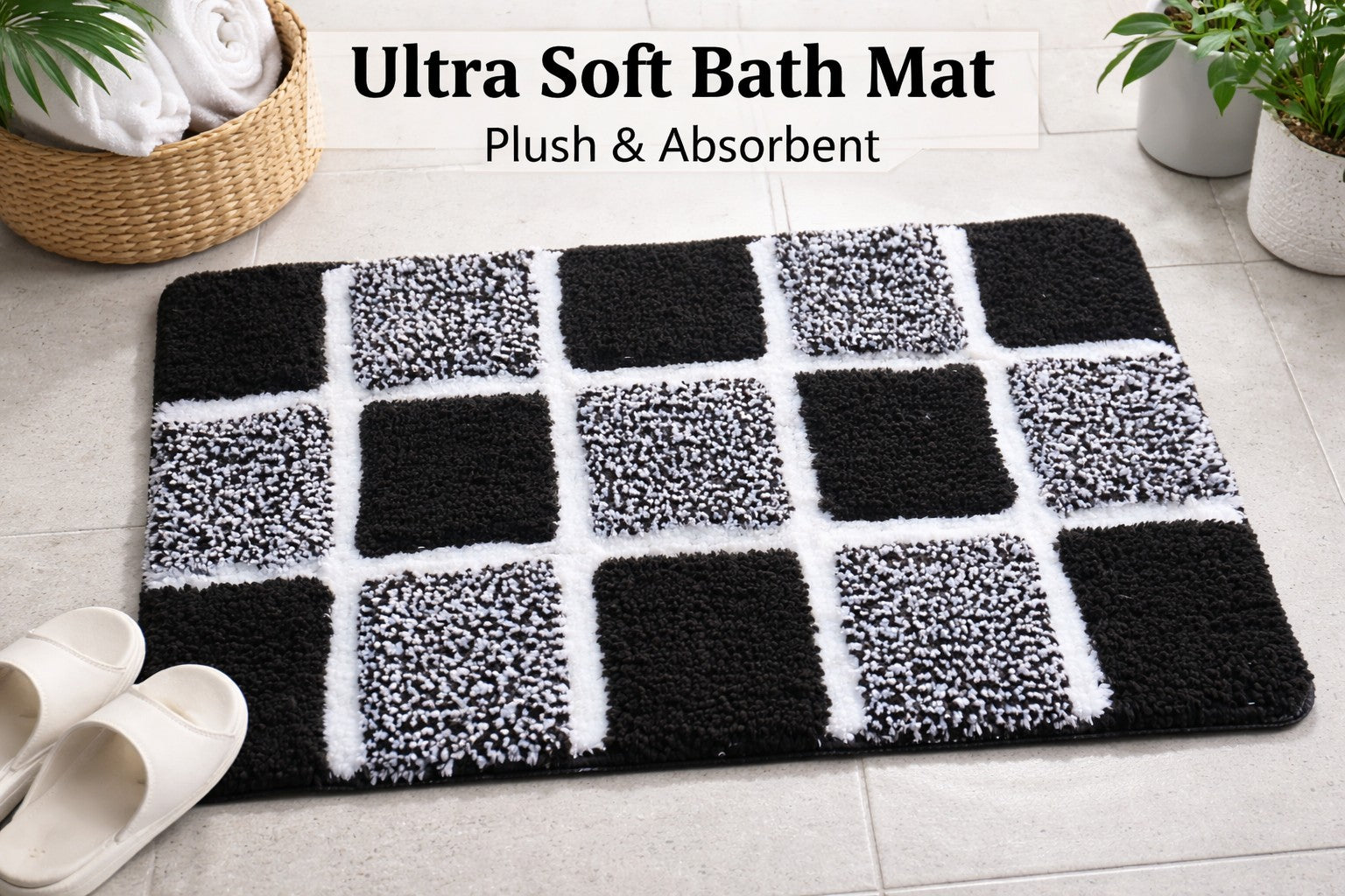 Microfiber bath mat in a black and white checkered design, ultra soft, plush, and absorbent for bathroom comfort.