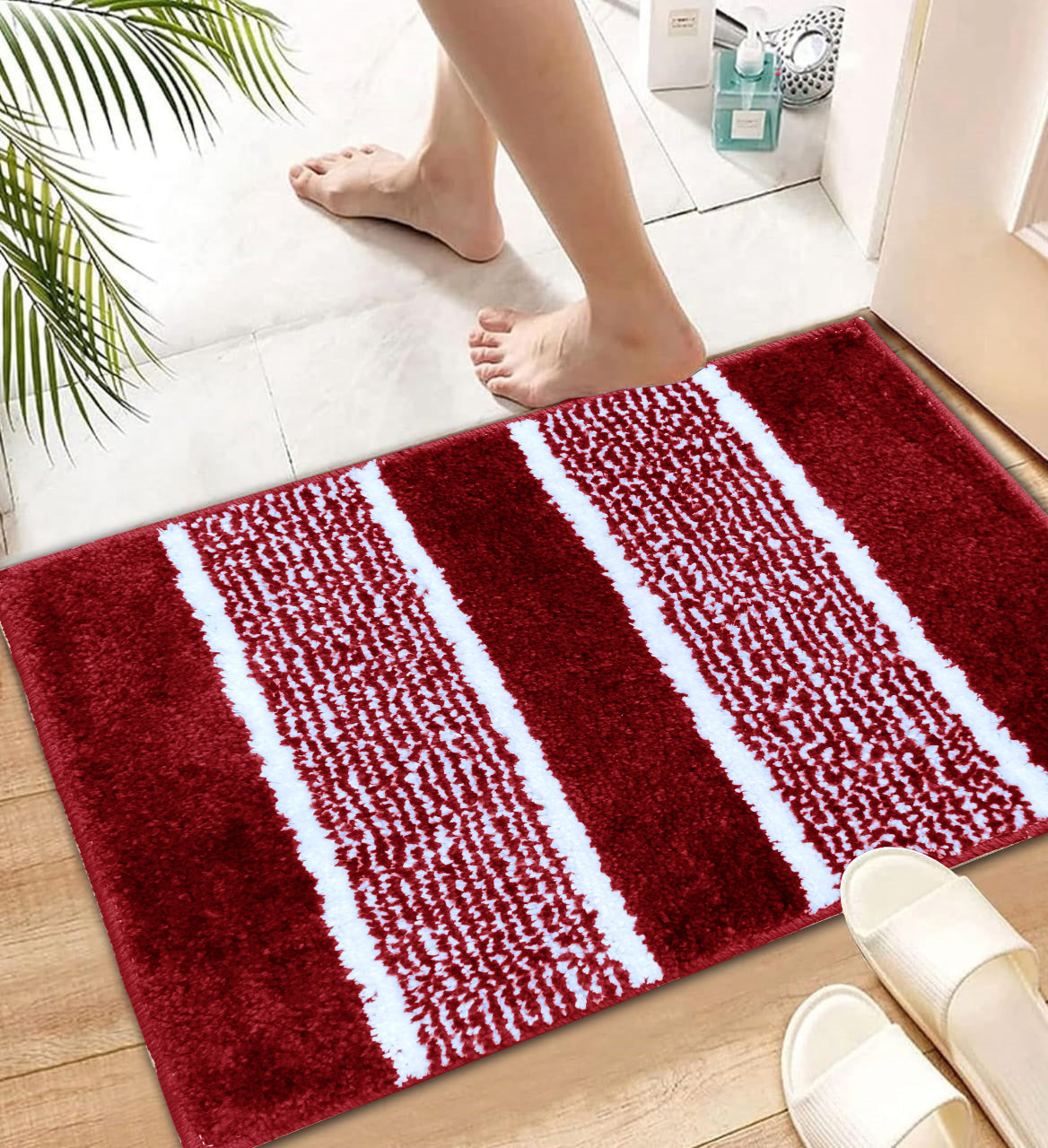 Microfiber soft rug bathmat placed near shower modern bathroom