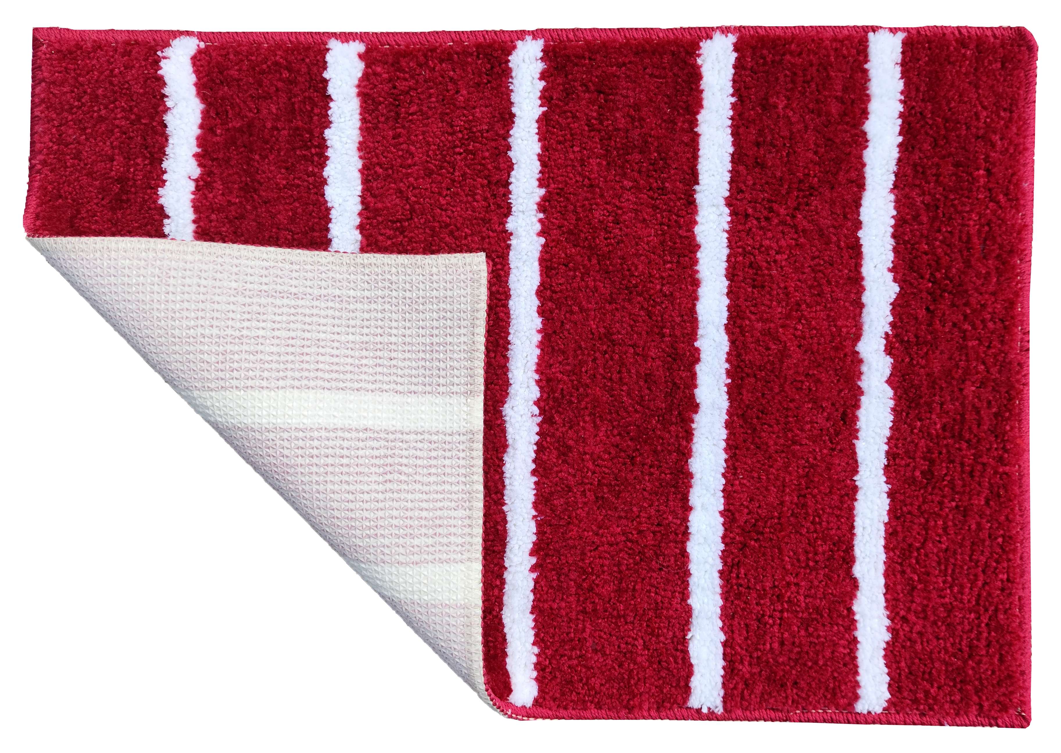 Modern Rug - Microfiber Stripe Bathmat in red with white stripes for stylish bathroom décor.