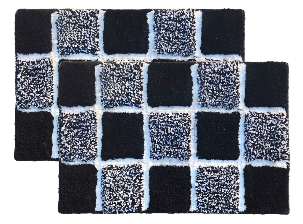 Microfiber tufted bath mat in box design, premium heavy GSM, stylish black and white for bathroom comfort.