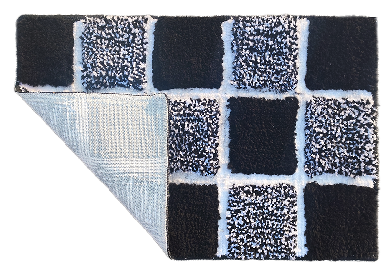 Microfiber tufted bath mat with box design in black and white, perfect for bathroom comfort and style.